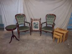 TWO REPRODUCTION CHAIRS, A WINE TABLE, A NEST OF TABLES AND A FIRESCREEN
