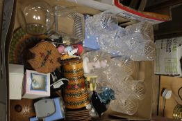 A TRAY OF CERAMICS AND CUT GLASS (TRAY NOT INCLUDED)