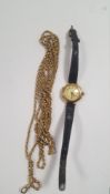 A YELLOW METAL GUARD CHAIN AND A LADIES 9 CT GOLD WRIST WATCH