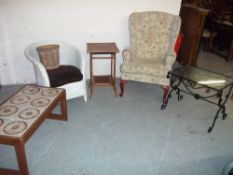 SIX ITEMS TO INCLUDE A WICKER CHAIR, TABLES ETC.