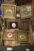 A COLLECTION OF MINIATURE FRAMED POT LIDS ETC.