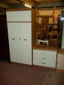 A TWO PIECE MODERN BEDROOM SUITE COMPRISING A WARDROBE AND THREE DRAWER CHEST