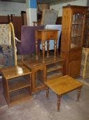 FIVE PINE ITEMS: SOLID PINE DISPLAY CABINET, A MEDIA TV UNIT, A SOLID PINE TABLE ETC.