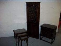 A GOTHIC STYLE OAK CORNER UNIT, A NEST OF TABLES AND A PRIORY CUPBOARD