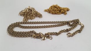 A 9 CT GOLD T BAR NECKLACE A/F W 3.4 g AND TWO OTHER COSTUME CHAINS