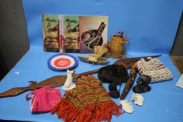 A BOX OF HOLIDAY SOUVENIRS TOGETHER WITH A WOODEN SPEAR