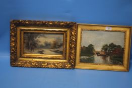 A FRAMED OIL ON BOARD DEPICTING A COUNTRY SCENE SOGNED 'BOSSI' TOGETHER WITH A PAINTING OF A CANAL