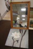 A PINE FRAMED MIRROR APPROX. 97 X 56 CM TOGETHER WITH A MODERN FLORAL PICTURE