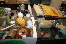 FOUR TRAYS OF CERAMICS ETC. TO INCLUDE DENBY (TRAYS NOT INCLUDED)