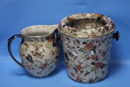 AN ANTIQUE LIDDED POT TOGETHER WITH A JUG