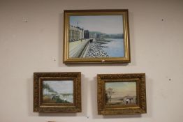 TWO OIL PAINTINGS LANDSCAPES TOGETHER WITH A PAINTING OF A SEAFRONT (3)