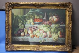A LARGE STILL LIFE OIL PAINTING DEPICTING FRUIT, APPROX. 80 X 111 CM