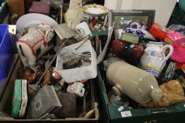 TWO TRAYS OF CERAMICS AND SUNDRIES TO INCLUDE STONE HOT WATER BOTTLE (TRAYS NOT INCLUDED)