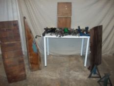 A SELECTION OF TOOLS CAR JACKS, AXLE STANDS AND CAR RAMPS.