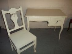 A SHABBY CHIC FRENCH STYLE DESK WITH KEY AND CHAIR