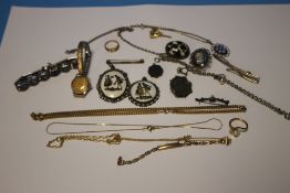 A TRAY OF JEWELLERY TO INCLUDE A WHITE METAL MARCAZITE BRACELET SET WITH BLUE STONES AND A VICTORIAN