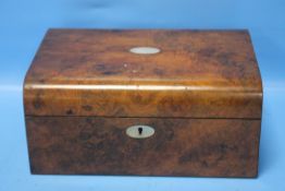 A WALNUT SEWING BOX WITH MOTHER OF PEARL INLAY