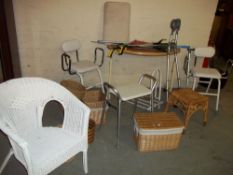 A QUANTITY OF DISABILITY AIDS, WITH A WICKER CHAIR AND BASKETS