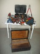 A SELECTION OF TOOLS, A MACALLISTER CORDLESS DRILL AND A WOODEN TOOL BOX
