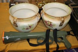 TWO CERAMIC VASES TOGETHER WITH A DOG BALL LAUNCHER