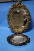 A GILT FRAMED MIRROR APPROX. 70 X 61 CM TOGETHER WITH A WOOD FRAMED EXAMPLE