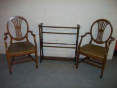 TWO ANTIQUE OAK CARVER CHAIRS AND AN EDWARDIAN TOWEL RAIL A/F