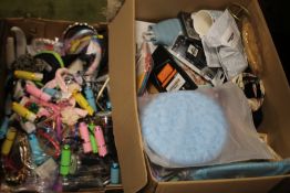 TWO BOXES OF MAINLY NEW ITEMS TO INCLUDE TORCHES, HEAD BANDS, PHONE CASES ETC.