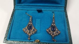 A PAIR OF FLARED-DESIGN DROP EARRINGS SET WITH SAPPHIRES AND DIAMONDS, BOXED