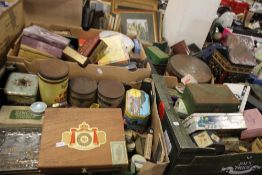 FOUR TRAYS OF COLLECTABLE TINS, BOXES ETC. (TRAYS NOT INCLUDED)