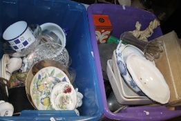 TWO TRAYS OF CERAMICS TOGETHER WITH A TRAY OF METALWARE (TRAYS NOT INCLUDED)