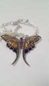 A SILVER PLIQUE-A-JOUR MOTH NECKLACE SET WITH RUBIES AND MARCASITES