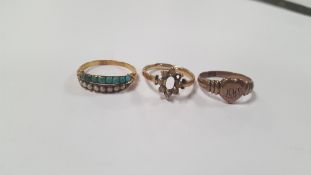 THREE YELLOW METAL DRESS RINGS A/F