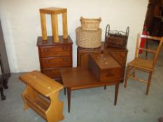 NINE ITEMS INCLUDING A VINTAGE TELEPHONE TABLE, A CHEST OF DRAWERS, A MEDIA UNIT, AN OAK MAGAZINE