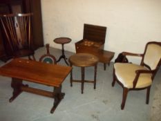 EIGHT ITEMS INCLUDING A VINTAGE SEWING TABLE / BOX, WINE TABLES, CHAIRS ETC.