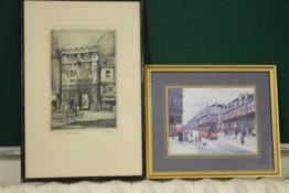 A PRINT OF A BETTY STIRLING PAINTING OF TRAMS TOGETHER WITH AN ETCHING OF CANTERBURY GATE BY ADRIAN