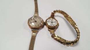 TWO VINTAGE LADIES 9 CT GOLD WATCHES ON LATER PLATED BRACELETS