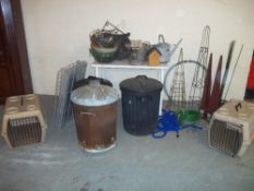 A QUANTITY OF GARDEN AND PET ITEMS TO INCLUDE THREE PET / DOG CAGES, STORAGE BINS WITH LIDS, HANGING