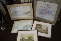 FIVE FRAMED WATERCOLOURS TO INCLUDE LAKESIDE SCENES