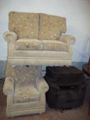 A TWO PIECE SUITE COMPRISING TWO SEATER SOFA AND A CHAIR TOGETHER WITH A BROWN RECLINER CHAIR