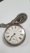 A SILVER OPEN FACED POCKET WATCH SIGNED J. G. GRAVES ON A WHITE METAL CHAIN A/F