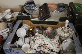 TWO TRAYS OF CERAMICS AND GLASSWARE TO INCLUDE AYNSLEY, CAPO DE MONTE ETC. (TRAYS NOT INCLUDED)