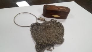 AN ANTIQUE TREEN PUZZLE BOX AND A MISER'S PURSE