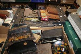 TWO TRAYS OF METALWARE AND COLLECTABLES TO INCLUDE CASED FLATWARE, JEWELLERY BOX ETC. (TRAYS NOT