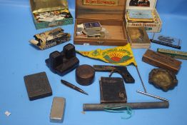 A BOX OF COLLECTABLES TO INCLUDE AN EARLY MARMITE TIN, BAKELITE VIDEOMASTER, CHANEL NO. 5 BOX,