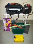 A QUANTITY OF TOOLS INCLUDING A BOXED WHEEL CLAMP AND A BAGGED GAS BARBEQUE
