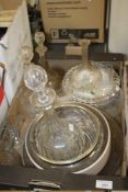 A TRAY OF GLASSWARE ETC. TO INCLUDE DECANTERS (TRAY NOT INCLUDED)
