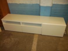 A WHITE HIGH GLOSS MODERN DESIGNER TV MEDIA UNIT WITH DRAWERS, AND CUPBOARD