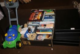 A TRAY OF ASSORTED BOOKS, TWO ARTHUR PRICE CUTLERY BOXES WITHOUT CONTENTS, AND A CHILD'S PUSH