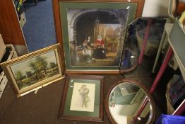 TWO PRINTS, AN OIL ON CANVAS OF A FARMYARD SCENE AND TWO MIRRORS