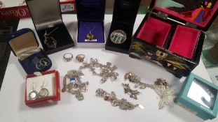 A TRAY OF JEWELLERY TO INCLUDE A SILVER CHARM BRACELET